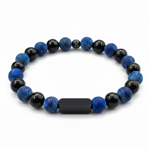 Náramok BLOCK z minerálov obsidian a lapis lazuli s komponentom z chirurgickej ocele s možnostou gravírovania na 4 strany.